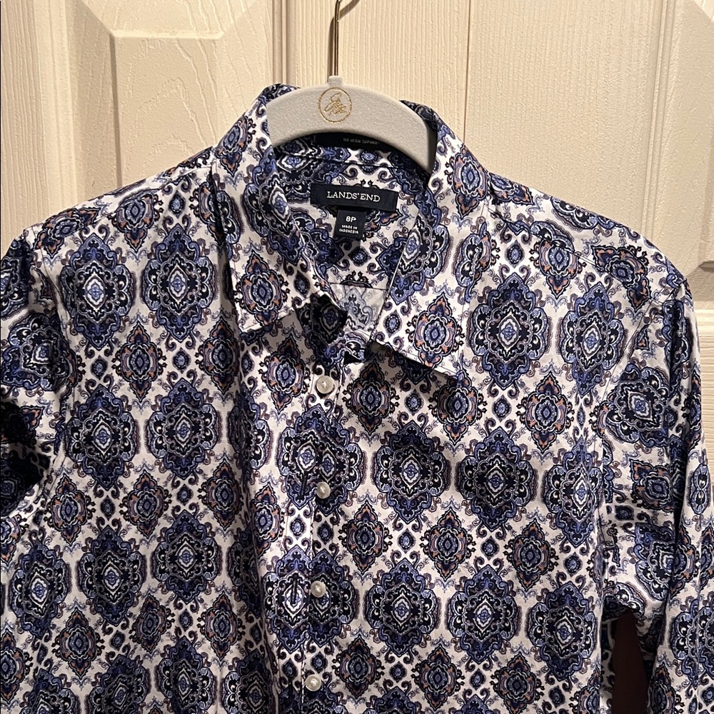 Lands' End Women's Blue and White Patterned Blouse